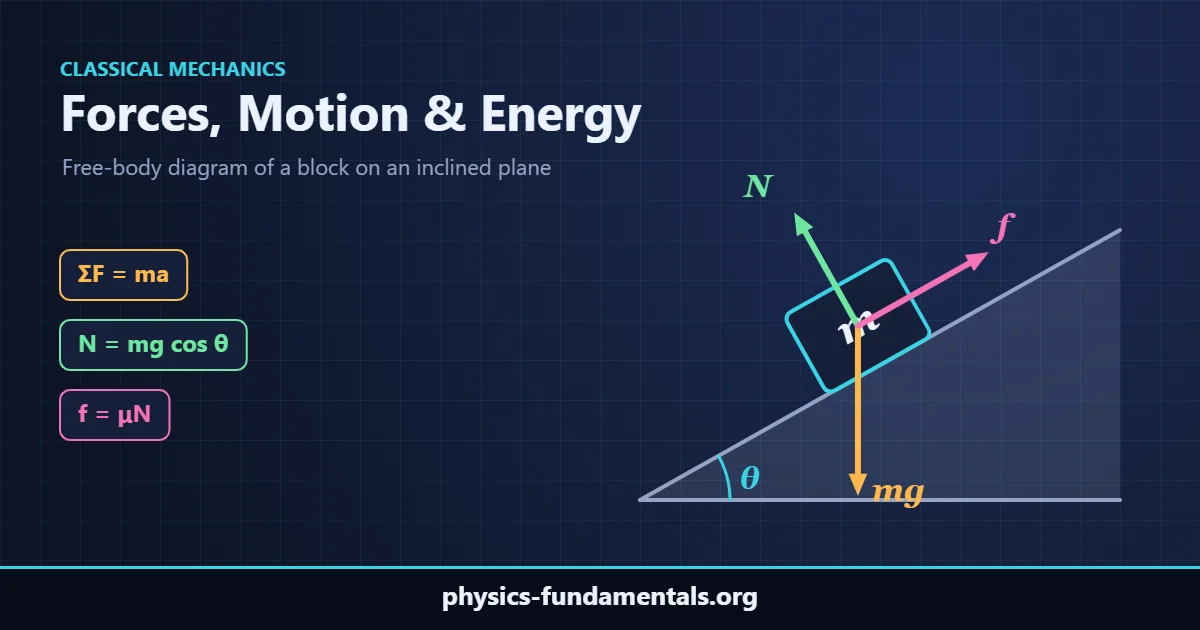 Free-body diagram of a block on an inclined plane showing weight mg, normal force N and friction f, with ΣF = ma, N = mg cos θ and f = μN