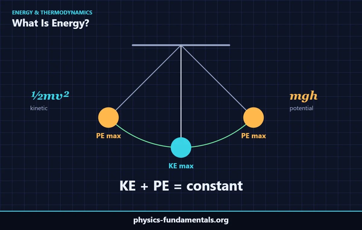 Pendulum diagram: potential energy maximum at the ends, kinetic energy maximum at the bottom