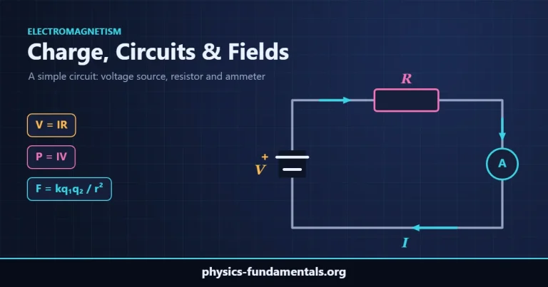 Simple electric circuit with a battery V, resistor R, ammeter A and current I, illustrating Ohm's law V = IR and power P = IV