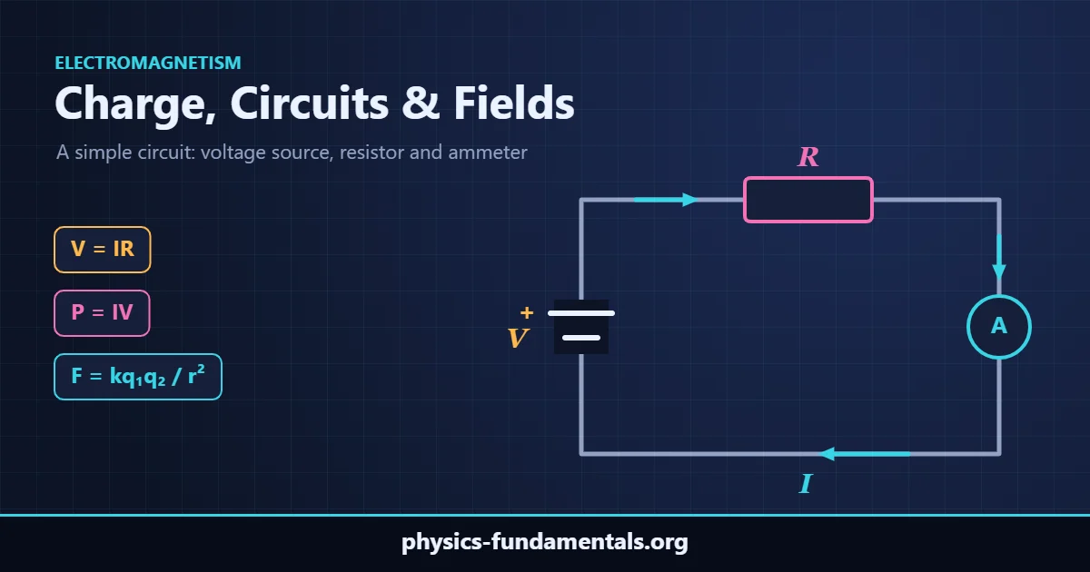Simple electric circuit with a battery V, resistor R, ammeter A and current I, illustrating Ohm's law V = IR and power P = IV