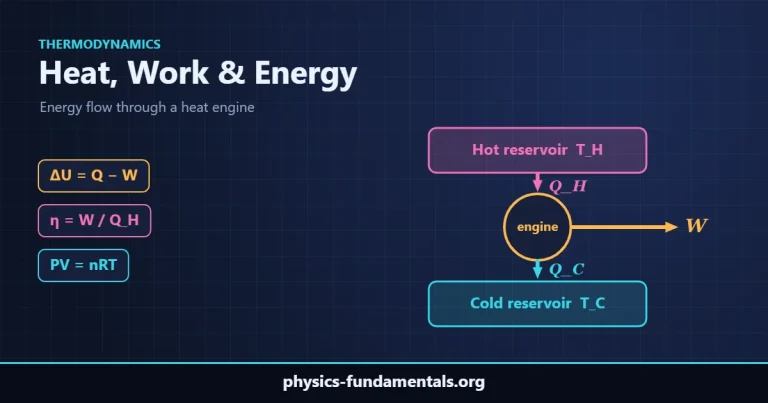 Heat engine diagram: heat Q_H flows from a hot reservoir, the engine does work W and rejects heat Q_C to a cold reservoir; ΔU = Q − W and η = W / Q_H