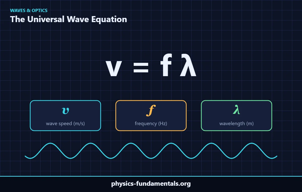 The wave equation v = fλ linking wave speed, frequency and wavelength