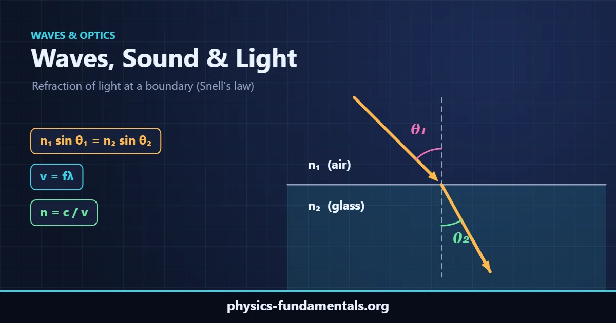 Light ray refracting from air into glass and bending toward the normal, with angles θ₁ and θ₂ and Snell's law n₁ sin θ₁ = n₂ sin θ₂